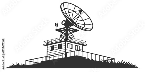 A satellite dish on top of a small building