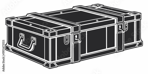 A large black metal trunk with handles and latches