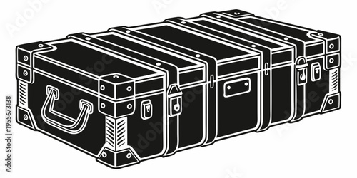 Three black travel trunks with metal hardware