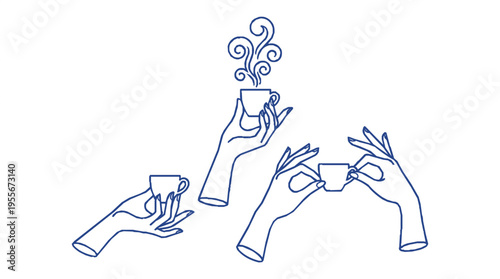 Minimalist hands holding steaming coffee cups in artistic composition cobalt blue outline clean design modern style