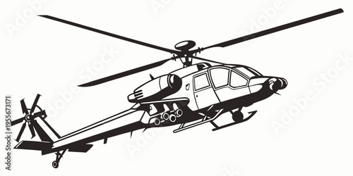 A black and white helicopter with rotors