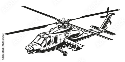 A black and white drawing of a helicopter
