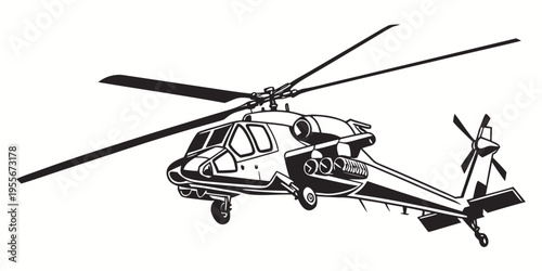A black and white helicopter with rotor blades