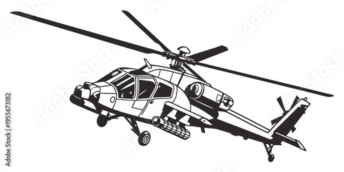 A black and white drawing of a helicopter