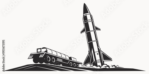 A black and white image of a rocket launching from a truck