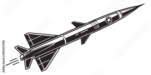 A black and white drawing of a rocket