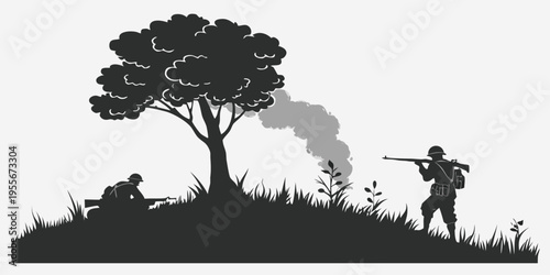 Two soldiers in a combat situation with a tree