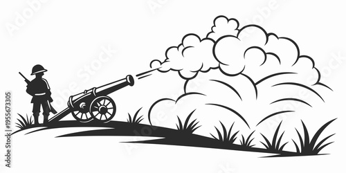 Soldier standing next to a cannon on a grassy hill