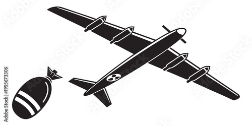 Black and white image of a plane dropping a bomb