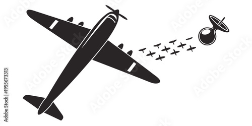 A large airplane dropping many bombs