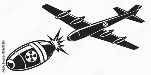 A black and white illustration of an airplane dropping a nuclear bomb