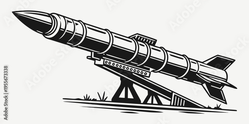 A black and white illustration of a rocket on a launchpad