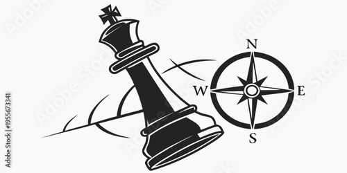 A black and white image of a chess piece and a compass