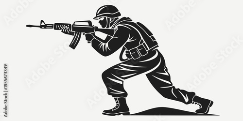 A soldier in a crouching position holding a rifle