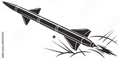 A black and white illustration of a rocket