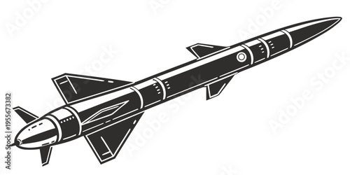 A black and white illustration of a missile
