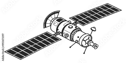 A black and white drawing of a space station