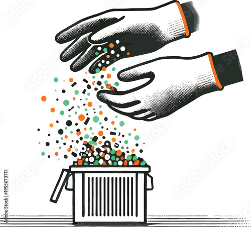 Hands in Gloves Pouring Colorful Pellets into Trash Can