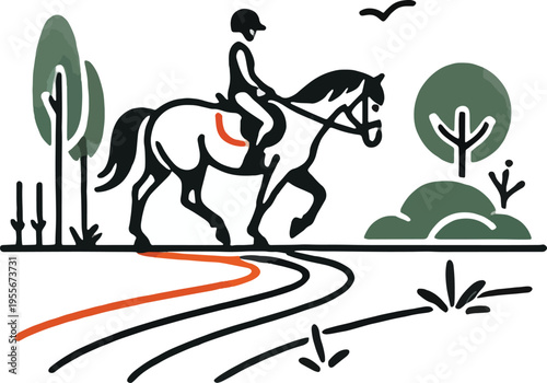 Horse rider on a path with trees and bushes horse riding