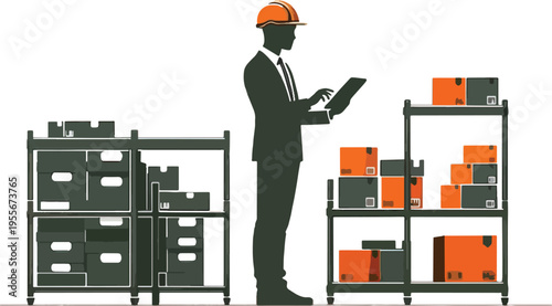Man in hard hat inspecting warehouse shelves with boxes