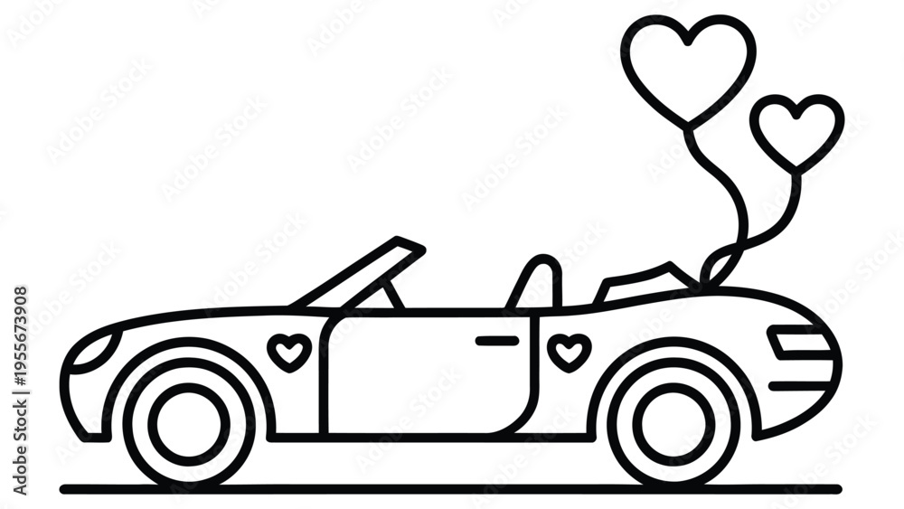 Obraz premium romantic car with hearts line art illustration, love and relationship concept, minimalist outline design for valentine celebration theme