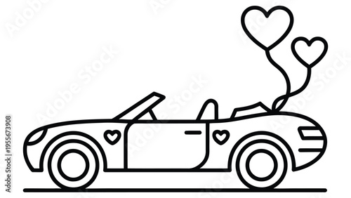 romantic car with hearts line art illustration, love and relationship concept, minimalist outline design for valentine celebration theme