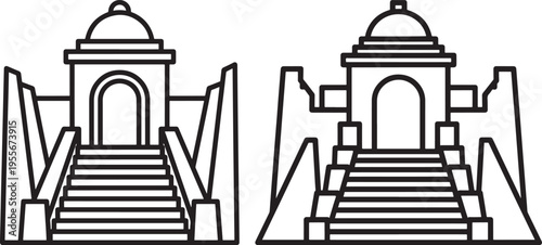 Temple Entrance Icon, Ancient Structure, Staircase Architecture Symbol, Black And White