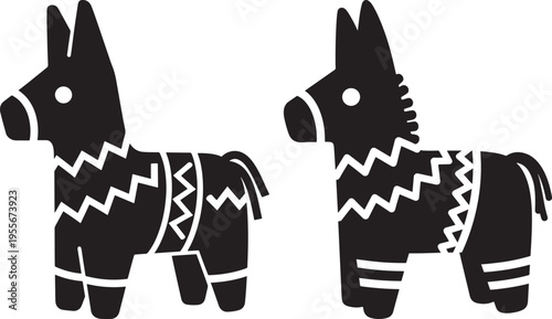 Donkey Pinata Icons, Mexican Fiesta Symbol, Party Decoration, Black And White