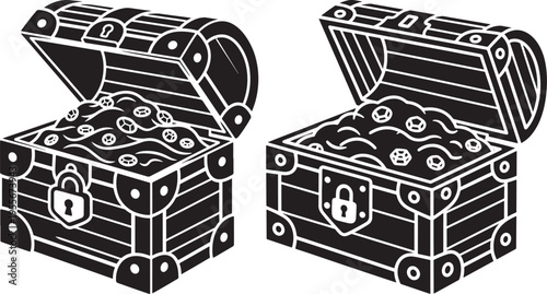 Treasure Chest Icons, Open Boxes Full of Gold Coins, Black And White