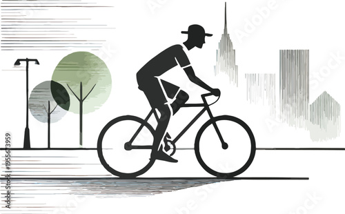 Silhouette of man cycling in a city park with skyscrapers Keywords: man, silhouette, cycling