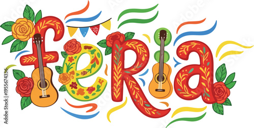 Obraz na plátně Vibrant Feria de Abril Illustration with Guitar, Roses, and Festive Lettering