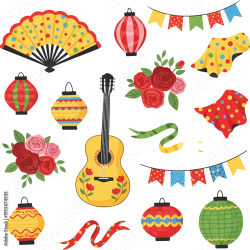 Schilderij op canvas Spanish Feria de Abril Traditional Elements Vector Set with Flamenco Guitar, Pol