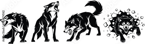 Aggressive wolf silhouettes set with howling wolf growling predator and wolf breaking through wall for sports mascot logos and tactical wildlife vector designs