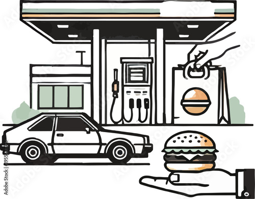 Car at gas station with burger and takeaway bag fuel pump