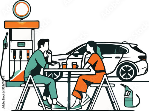 Couple sitting at table at gas station with car chairs