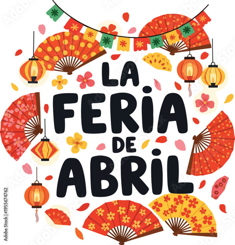 Feria de Abril Seville Festival Celebration with Traditional Spanish Fans and Lanterns Illustration