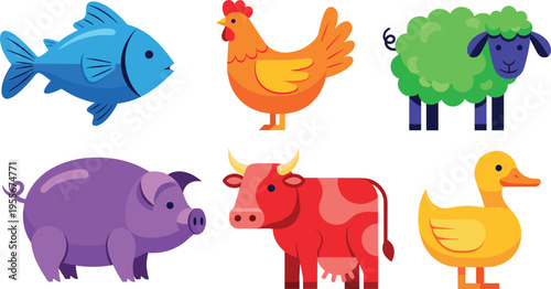 Farm animals vector illustration set cow pig sheep chicken duck fish cartoon livestock collection cute colorful design