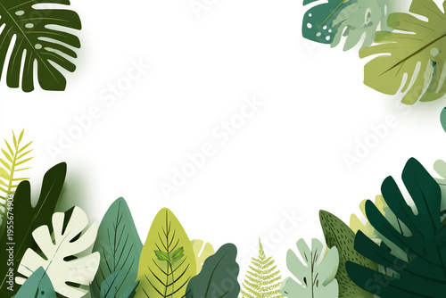 A minimalist flat illustration of various tropical jungle leaves framing a clean white center, featuring a vibrant green color palette and simple geometric shapes for a modern look.