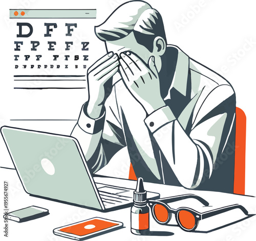 Man rubbing eyes at desk with laptop and eye chart