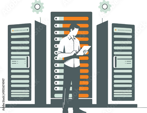 Man working with server racks and tablet technology