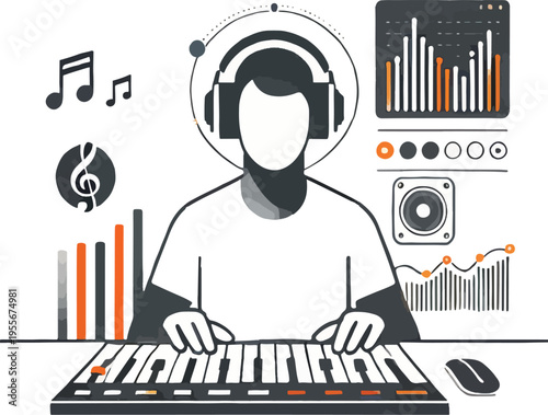 Music producer with headphones and keyboard synthesizer