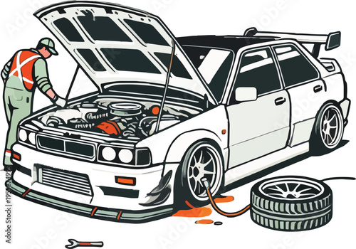 Mechanic working on car engine with open hood and detached wheel