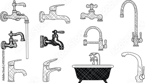 Vector collection of hand drawn vintage hatching style water faucet icons featuring various kitchen bathroom taps and bathtub isolated on white background for plumbing design