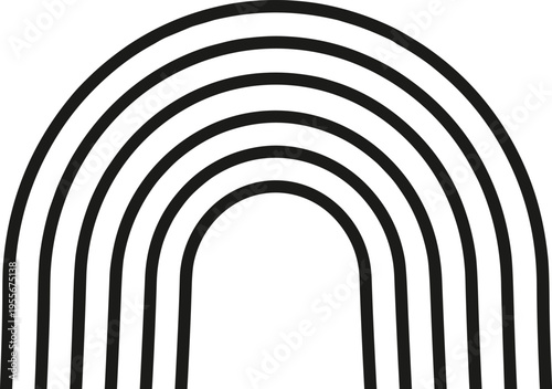 Minimalist concentric semi circular arcs design, abstract tunnel rainbow pattern, geometric black lines artwork, modern symmetry illustration, decorative background graphic