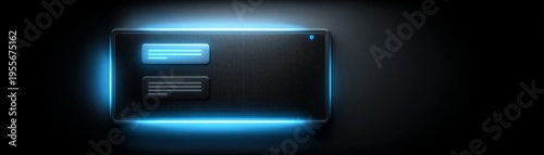 Neon-blue glow outlines a futuristic digital panel