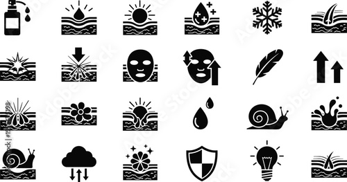 Skincare icons, dermatology symbols, hydration, exfoliation, protection, absorption, cosmetic branding, beauty care, dermatology design, skincare product features, dermatology illustration