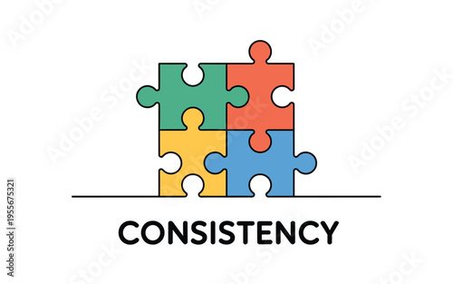 A colorful vector graphic illustration of puzzle pieces forming a complete picture with the word CONSISTENCY underneath