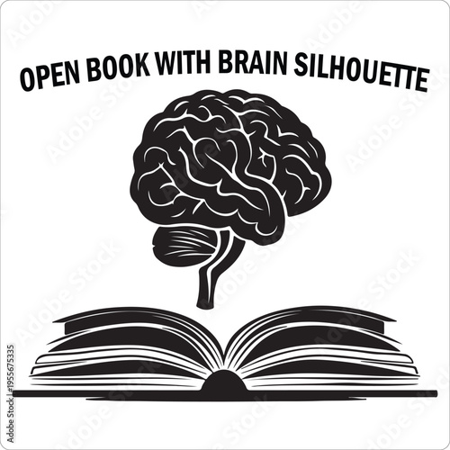 Brain and education book silhouette, learning concept, black vector