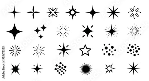 Collection of Star and Sparkle Icons Representing Light, Magic, and Celebrations