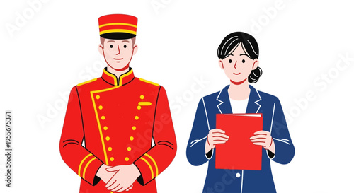 Professional Hotel Staff in Uniforms, Featuring a Bellhop and a Receptionist Holding a Folder